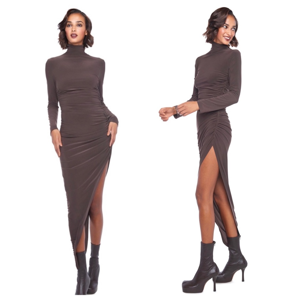 Norma Kamali, NWT turtle neck side drape gown/dress in chocolate, size S